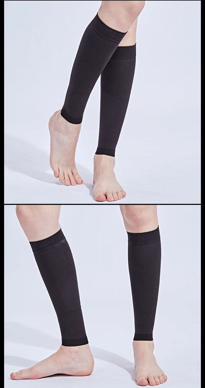 Footless calf compression sleeves for men and women, designed for varicose veins and edema relief.