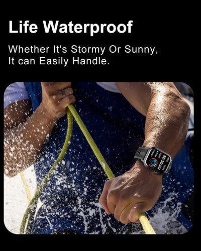 Waterproof smart watch on a person's wrist during outdoor activity, showcasing durability in various weather conditions.