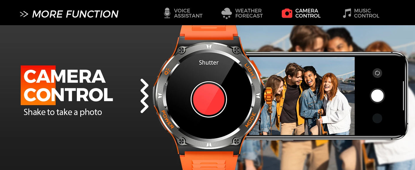 LaNikar Smart Watch showcasing camera control feature with smartphone camera interface, designed for capturing moments.