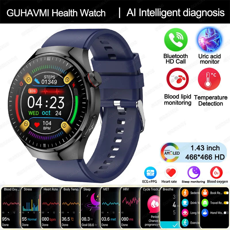 Health smartwatch with AI diagnosis, Bluetooth calling, and temperature sensor for adults.
