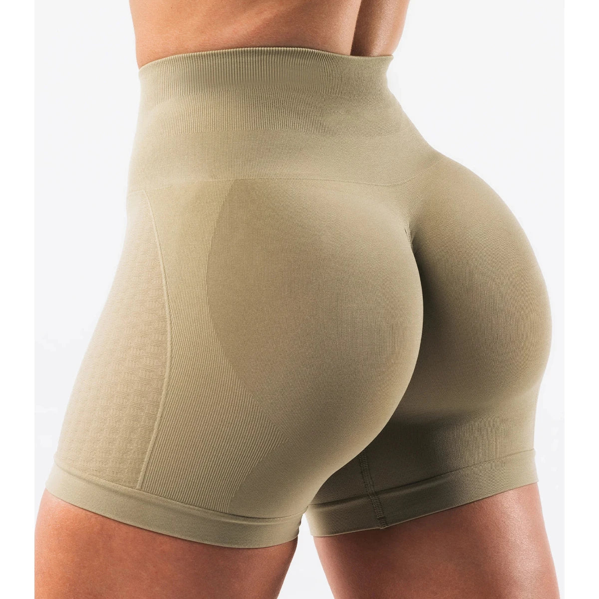 Women's high-waisted contour shorts in olive green, perfect for workouts, yoga, and gym wear, featuring seamless design.