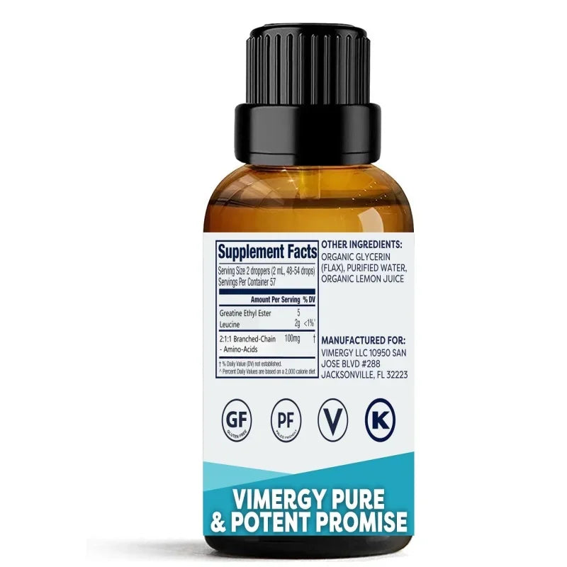 Vimergy Anabolic Weight Gain supplement bottle, 30ml, featuring supplement facts and ingredients for muscle mass growth.