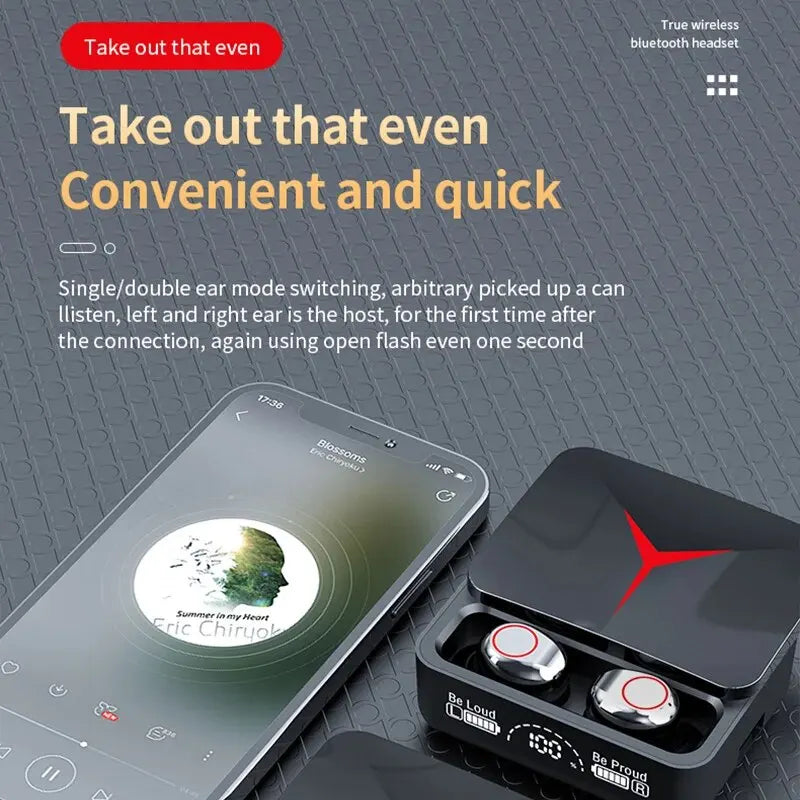 TWS wireless Bluetooth earbuds with charging case, showcasing convenience in switching between single and double ear modes.