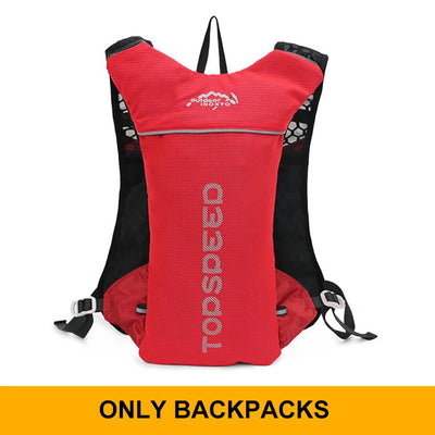 Ultralight hydration running vest in red, breathable and lightweight design for active outdoor enthusiasts.