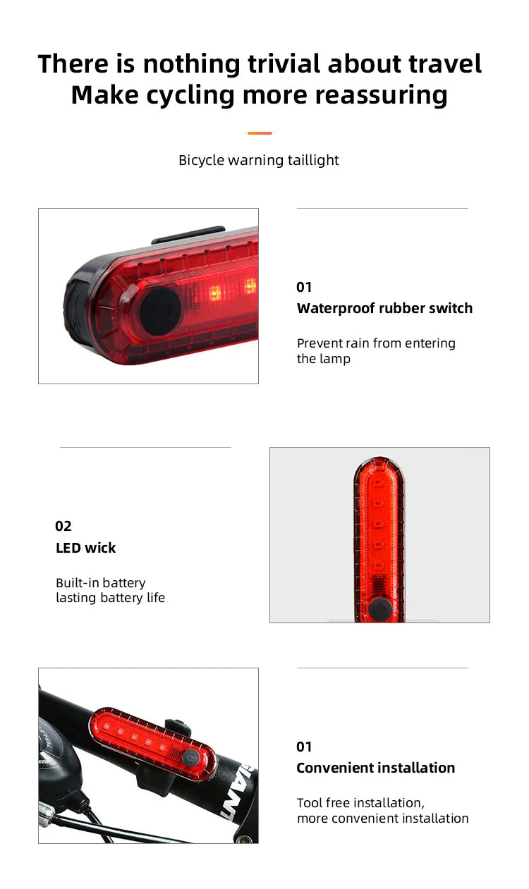 USB rechargeable bike tail light features waterproof rubber switch, LED wick for battery life, and convenient installation.