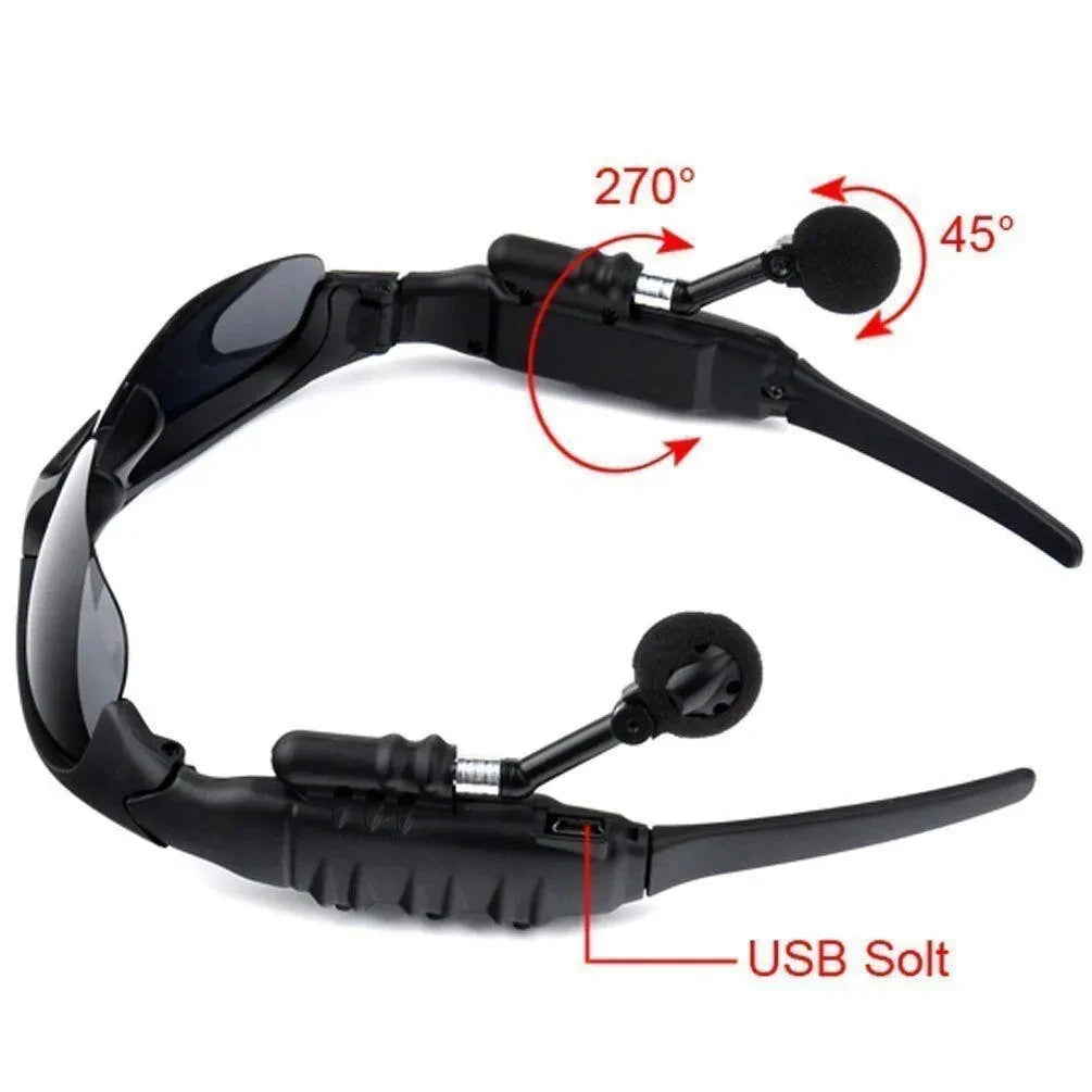 Wireless sunglasses headset with Bluetooth earphones, featuring adjustable microphone and USB port for charging.
