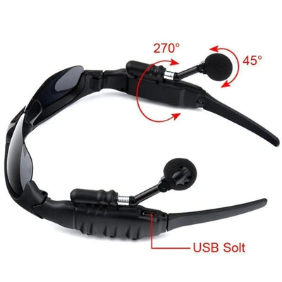 Wireless sunglasses headset with Bluetooth earphones, featuring adjustable microphone and USB port for charging.