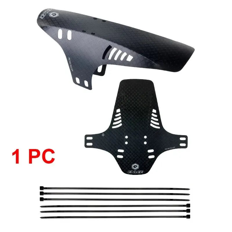 Reflective MTB mudguard front and rear fender set for mountain bikes with zip ties, lightweight black design.