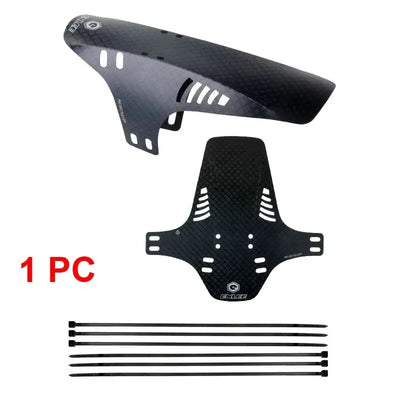 Reflective MTB mudguard front and rear fender set for mountain bikes with zip ties, lightweight black design.