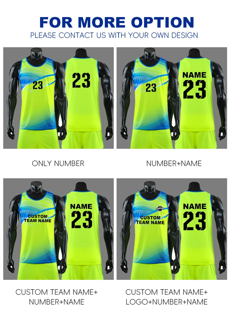 Custom marathon running suit display options for personalized numbers and names, unisex track & field sportswear set.