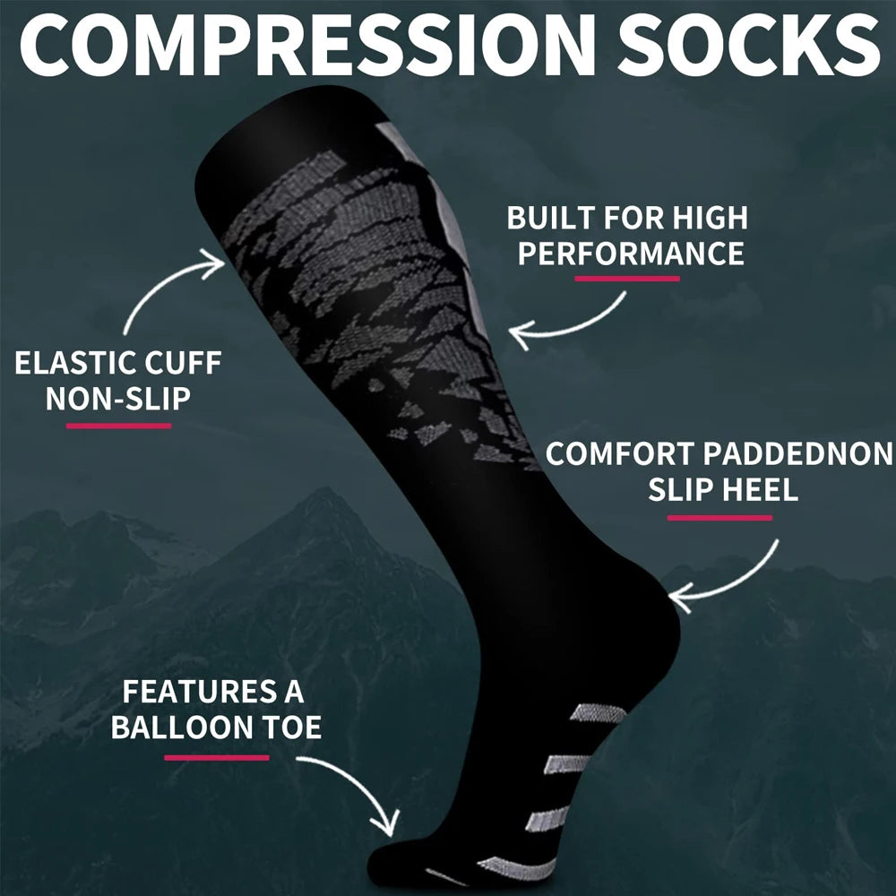 Compression socks highlighting features like elastic cuff, padded heel, and balloon toe for high performance.