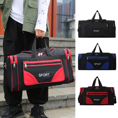 Large capacity sports bag in black, red, and blue colors, perfect for fitness and outdoor activities.