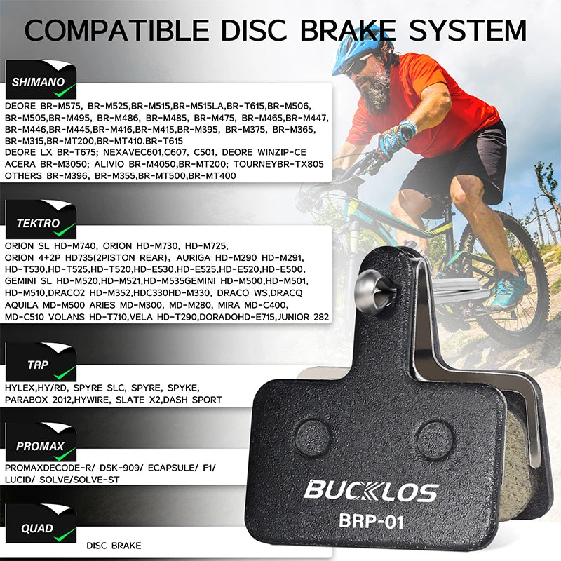 BUCKLOS BRP-01 resin disc brake pads compatible with Shimano, Tektro, TRP, and Promax systems for optimal braking performance.