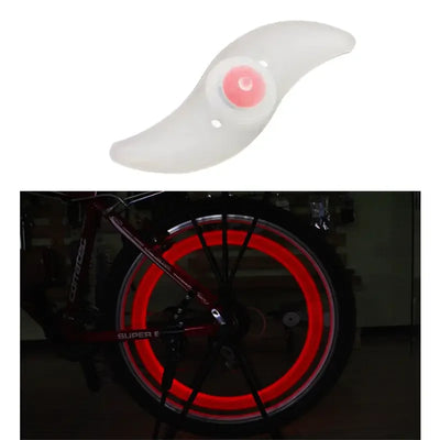 LED bicycle spoke lights in waterproof design for safety, showcasing red illumination on a bike wheel.
