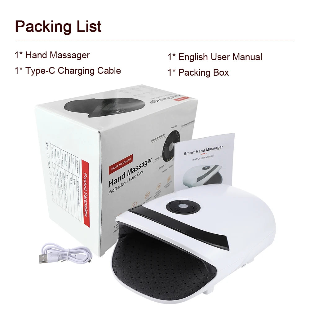 Electric hand massage device with packaging, includes massager, charging cable, user manual.