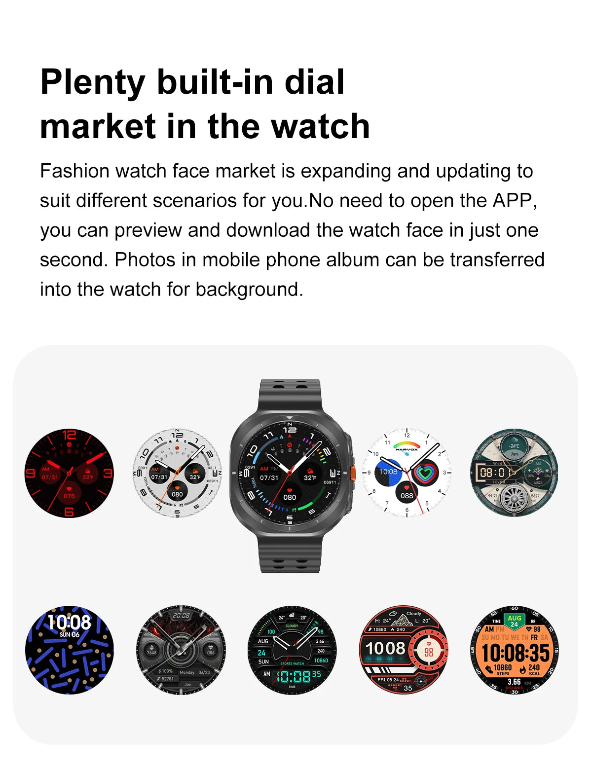 Variety of customizable watch faces for the 2025 Watch 7 Ultra Smartwatch, showcasing different styles and designs.