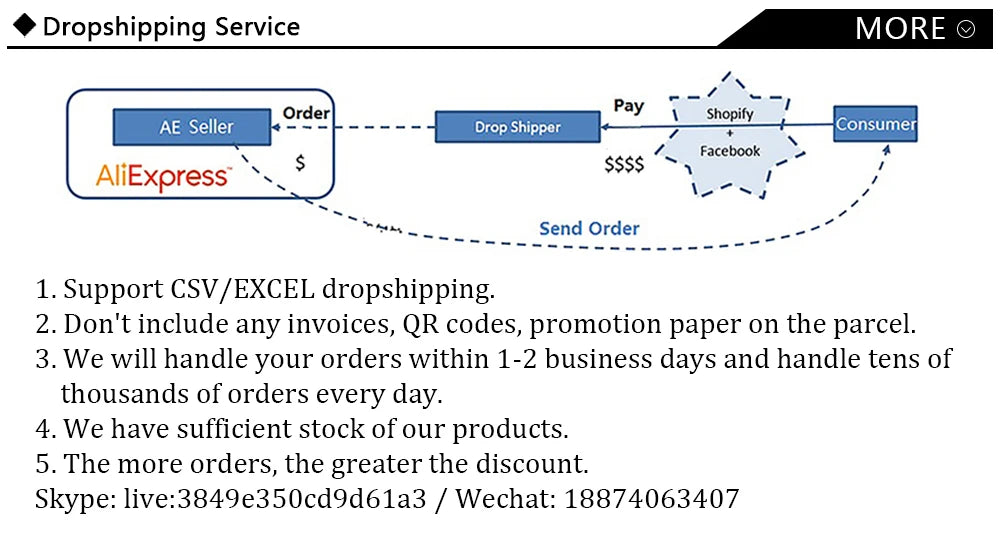 Flowchart illustrating the dropshipping service process with support for CSV/EXCEL and order handling details.