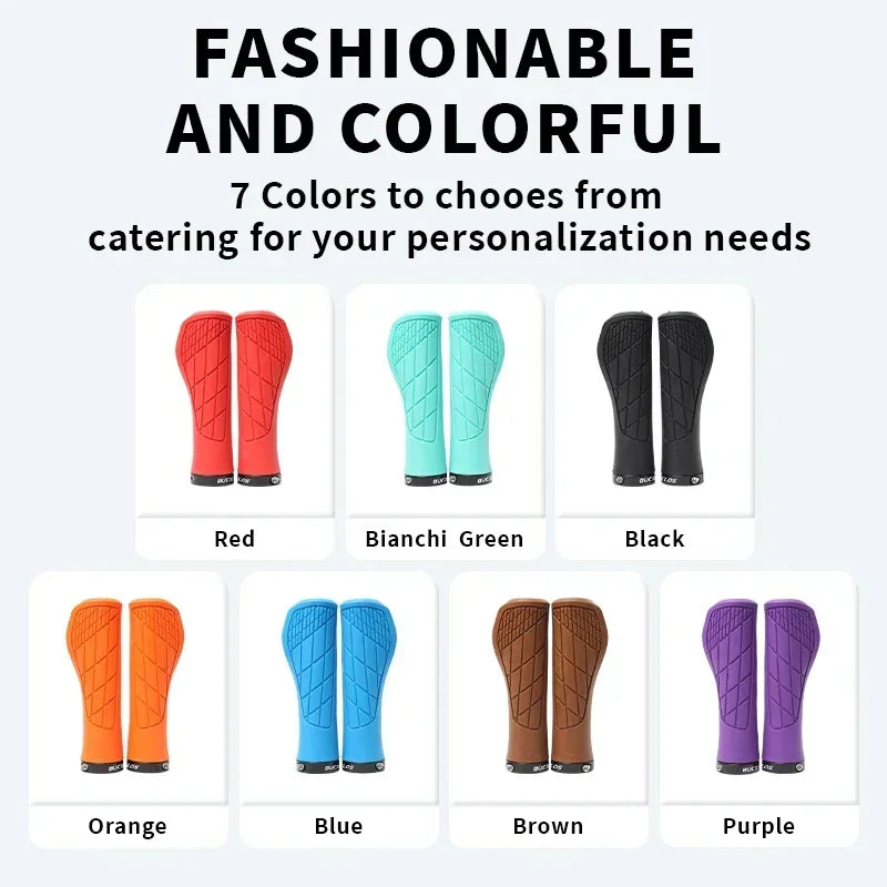 Colorful BUCKLOS MTB handlebar grips in seven shades including red, blue, green, and black.