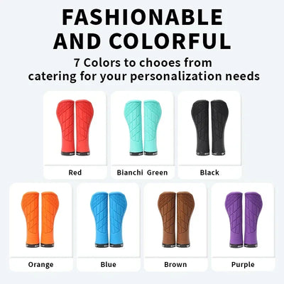 Colorful BUCKLOS MTB handlebar grips in seven shades including red, blue, green, and black.