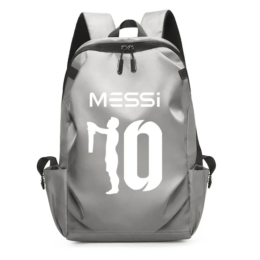 Gray Messi backpack with number 10 design for kids and college students, stylish and functional for daily use.
