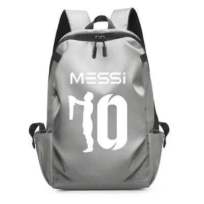 Gray Messi backpack with number 10 design for kids and college students, stylish and functional for daily use.