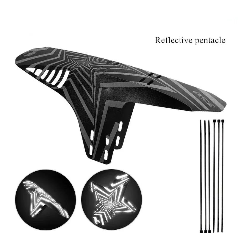 Reflective MTB mudguard fender for mountain bikes featuring pentacle design and included zip ties for installation.