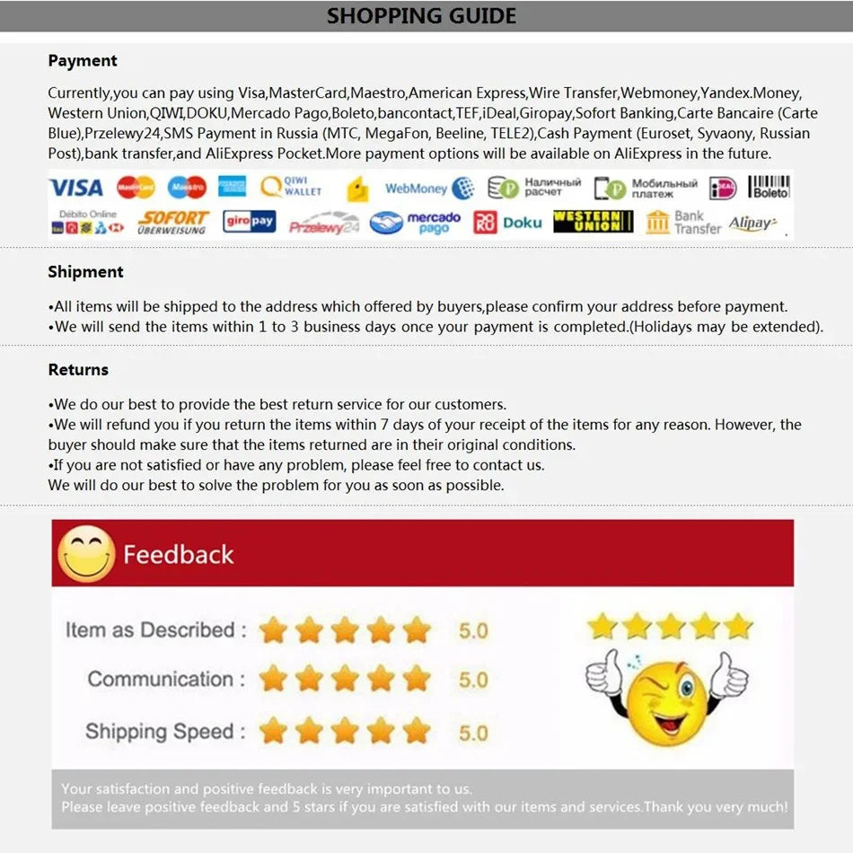 Shopping guide with payment methods, shipment details, return policy, and customer feedback ratings.
