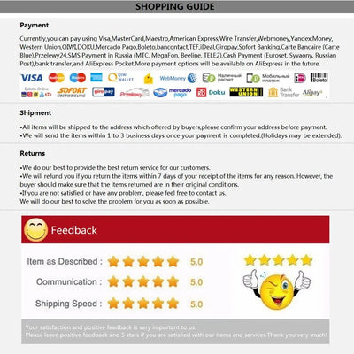 Shopping guide with payment methods, shipment details, return policy, and customer feedback ratings.