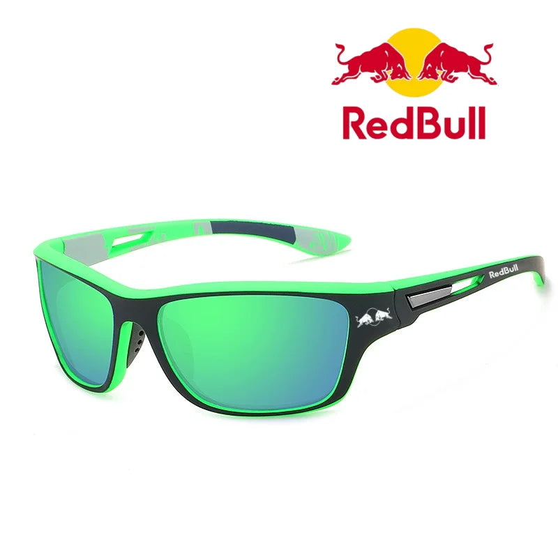 Red Bull polarized sunglasses with green frames and mirrored lenses, ideal for outdoor activities like fishing and hiking.
