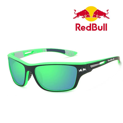 Red Bull polarized sunglasses with green frames and mirrored lenses, ideal for outdoor activities like fishing and hiking.