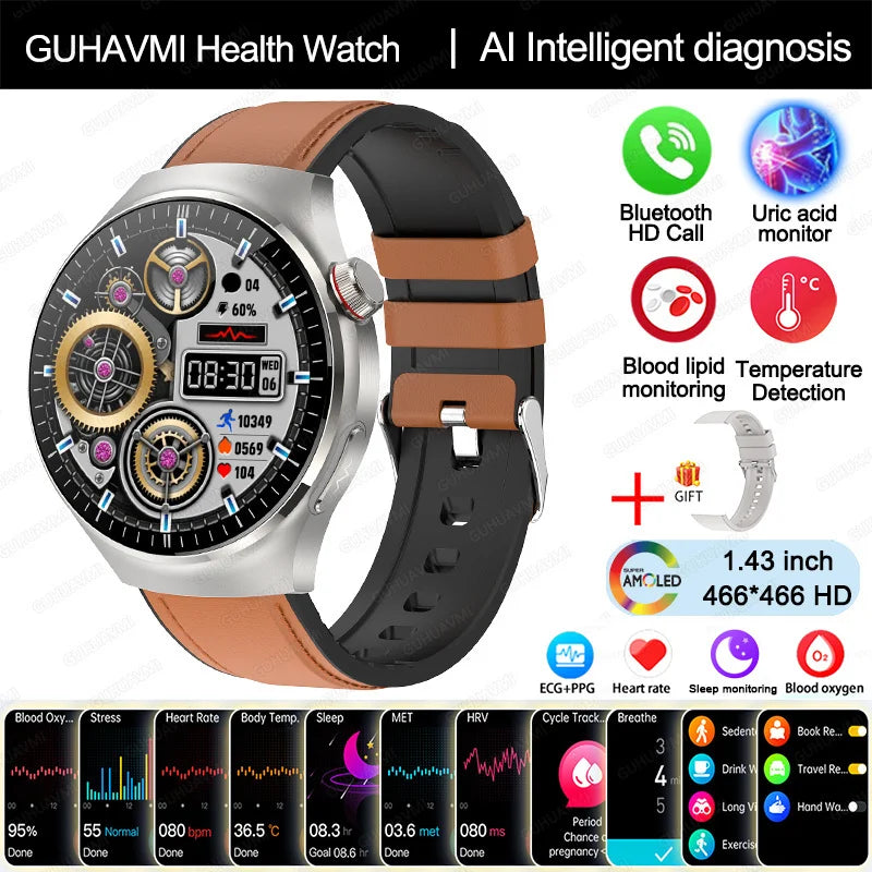 GUHAVMI health smartwatch with Bluetooth calling, AI diagnosis, and multiple health trackers in stylish design.