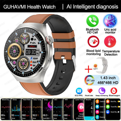 GUHAVMI health smartwatch with Bluetooth calling, AI diagnosis, and multiple health trackers in stylish design.