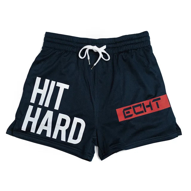 Men's black breathable gym shorts with 'HIT HARD' text and red accents for running and sports activities.