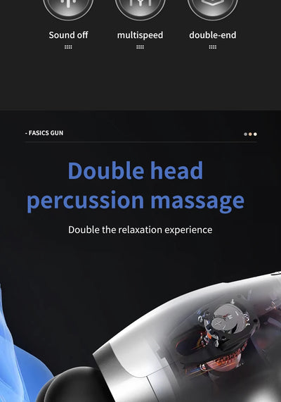 Double headed percussion massage gun promoting relaxation features and multiple speeds for effective muscle treatment.