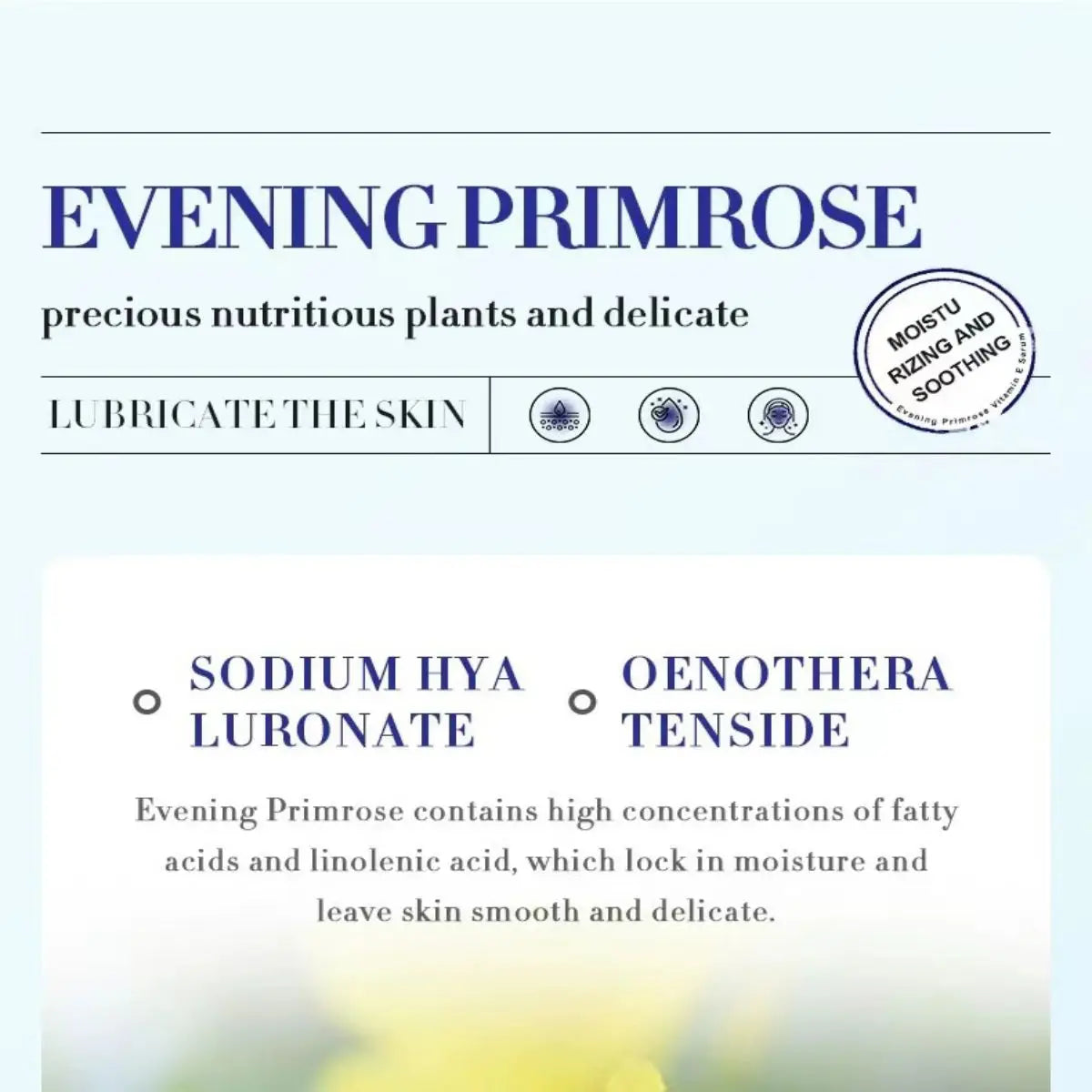 Evening Primrose Oil for skin care, featuring sodium hyaluronate and oenothera tenside for hydration and smoothness.