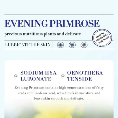 Evening Primrose Oil for skin care, featuring sodium hyaluronate and oenothera tenside for hydration and smoothness.
