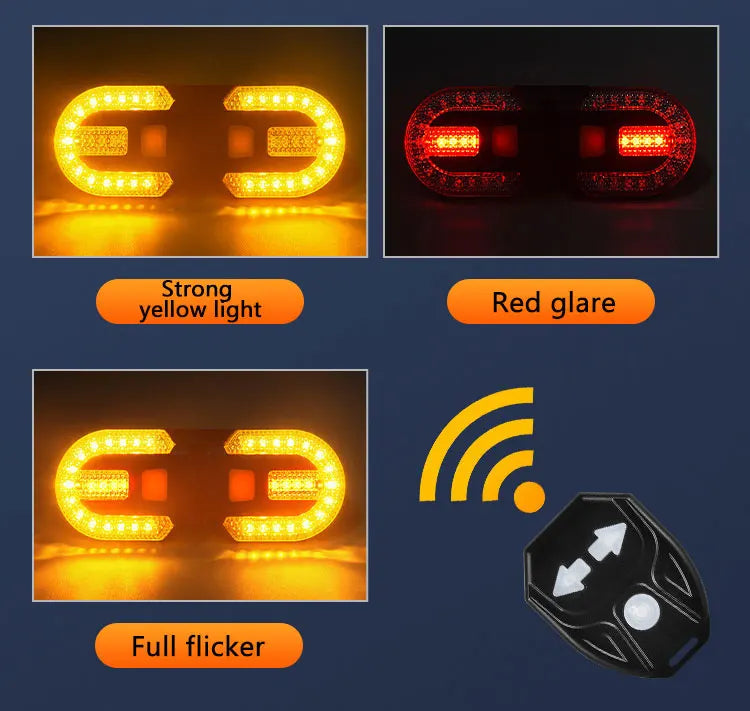 Wireless bike turn signal light functions: strong yellow light, red glare, full flicker, with remote control.