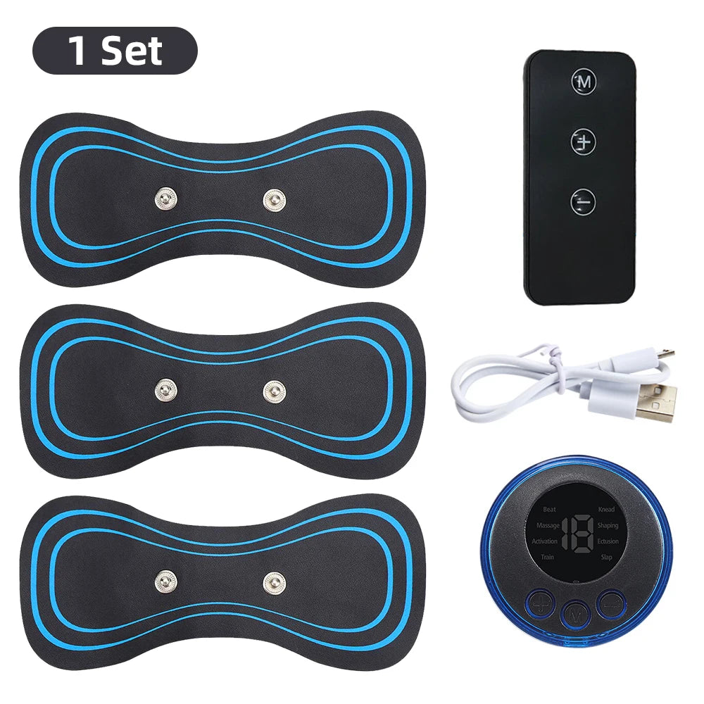 Electric EMS neck massager set with control panel and USB charging cable for pain relief and relaxation.