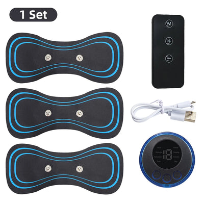 Electric EMS neck massager set with control panel and USB charging cable for pain relief and relaxation.
