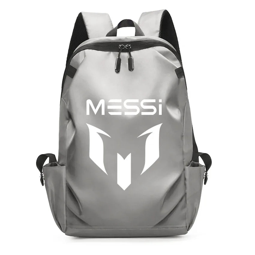 Stylish gray Messi backpack for college students, featuring USB port and soft nylon material, suitable for all genders.