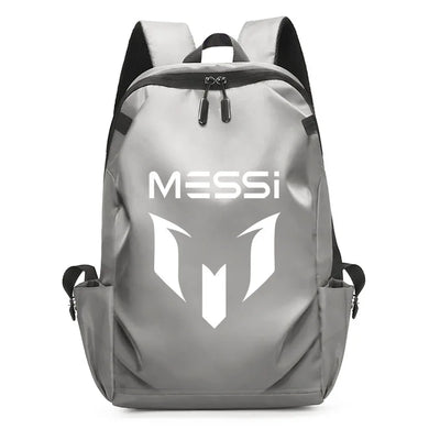 Stylish gray Messi backpack for college students, featuring USB port and soft nylon material, suitable for all genders.