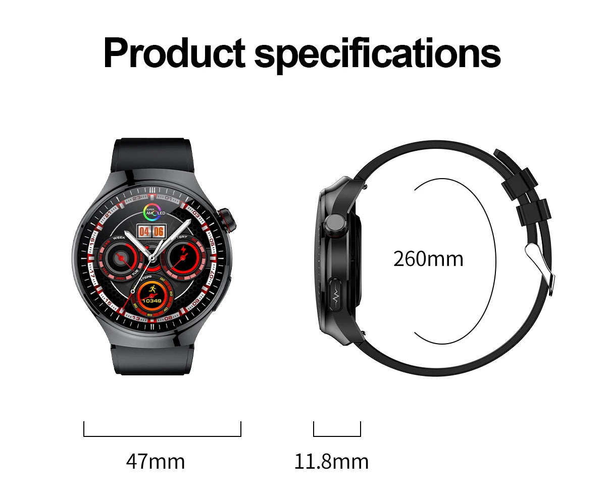 Health smartwatch specifications showing dimensions: 47mm width and 11.8mm thickness, 260mm band length.