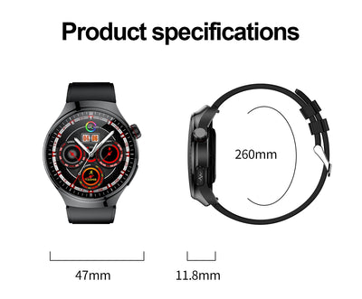 Health smartwatch specifications showing dimensions: 47mm width and 11.8mm thickness, 260mm band length.