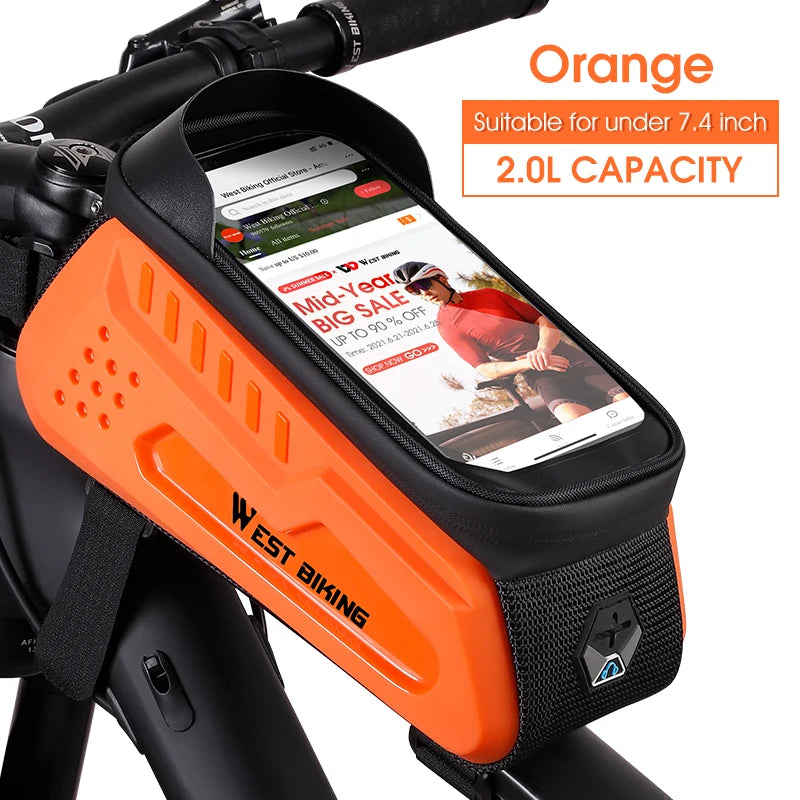 West Biking 7" bike phone bag in orange, waterproof, fits phones under 7.4 inches, 2.0L capacity for convenient storage.