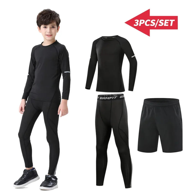 Kids thermal sports set, 3-piece black compression tights for winter running in unisex design.