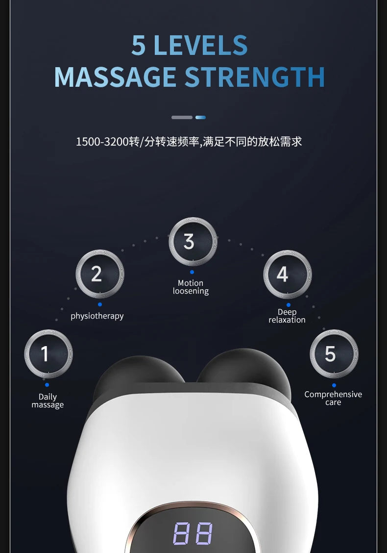Digital display showing 5 levels of massage strength for a deep tissue massage gun.