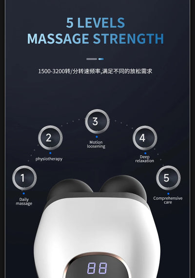 Digital display showing 5 levels of massage strength for a deep tissue massage gun.