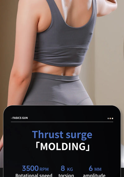 Back view of a woman wearing sportswear with a massage gun display showing thrust surge specifications for muscle relief.