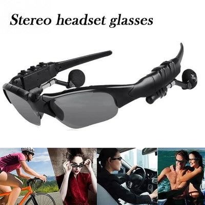 Wireless sunglasses headset with Bluetooth earphones for driving and sports activities.
