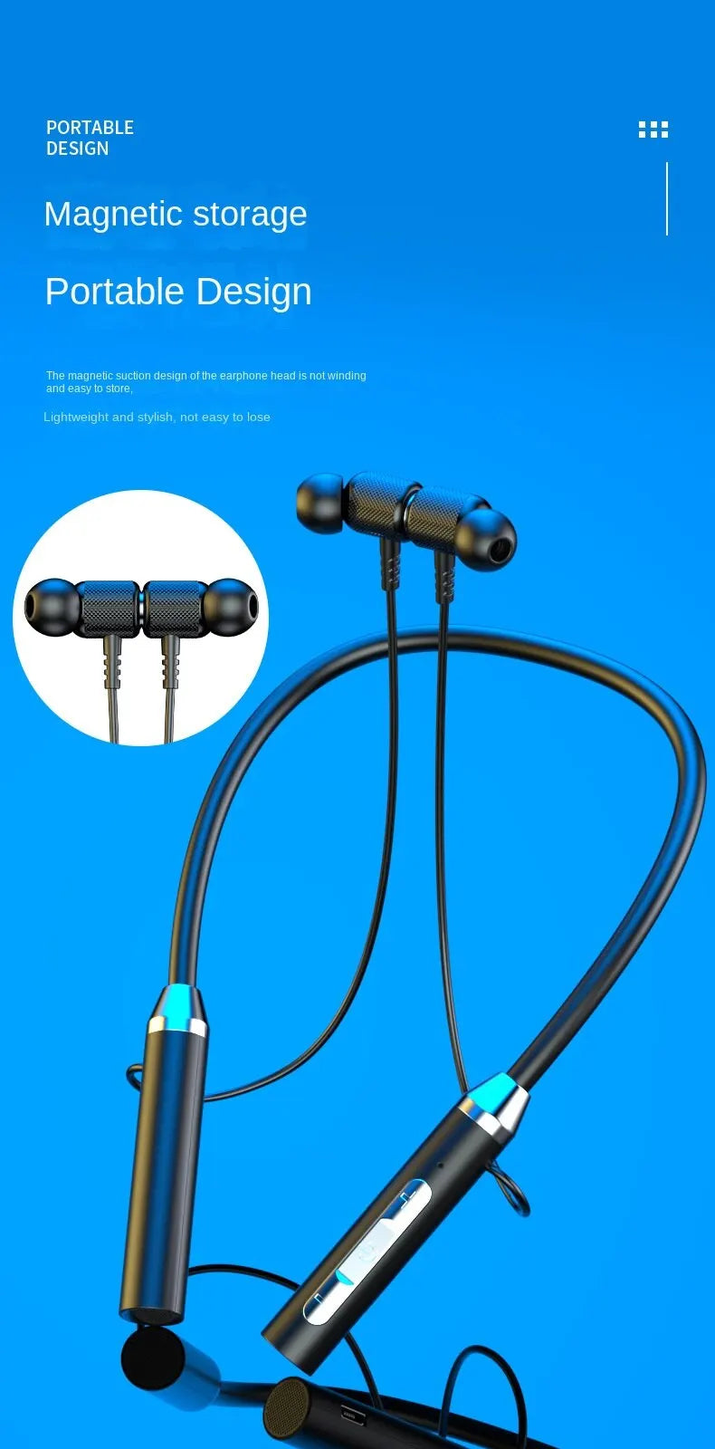Wireless Bluetooth neckband earphones with magnetic storage, portable design, sleek and lightweight for sports use.
